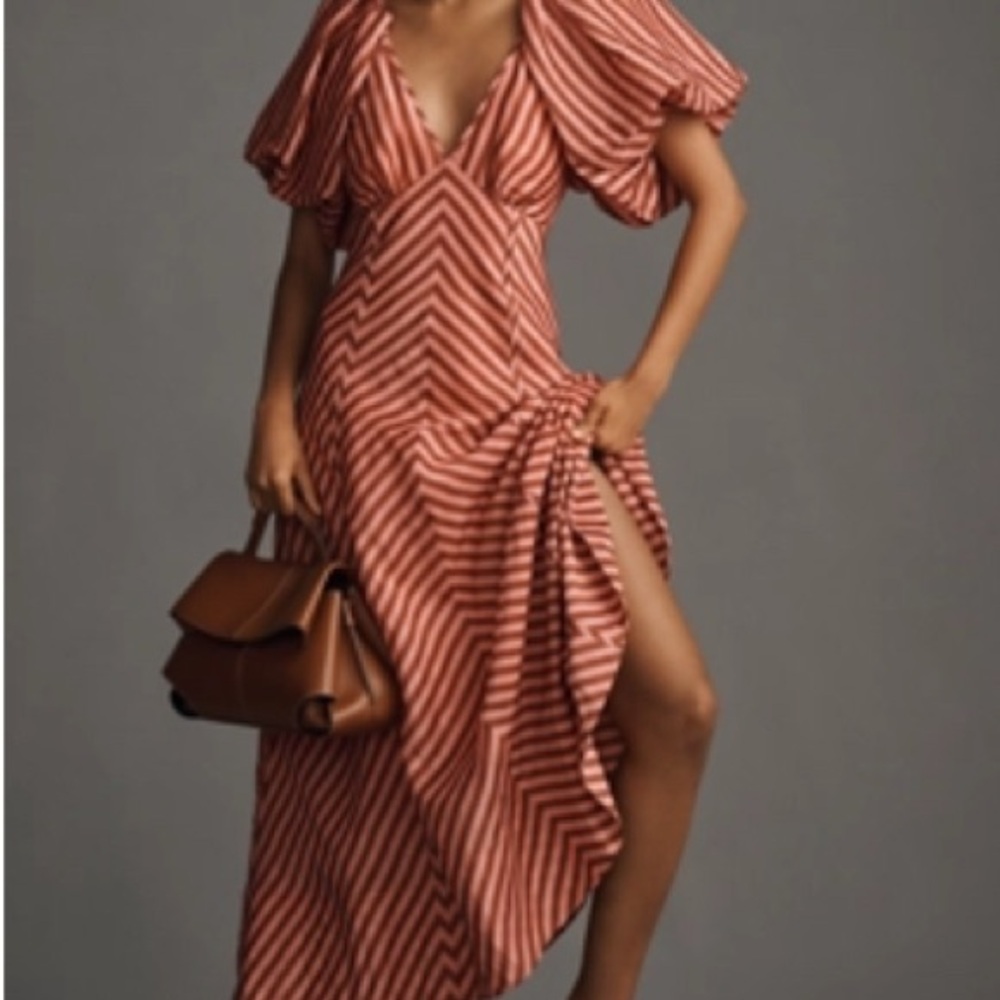 Anthropologie 	
LOVAAN TESS PUFF-SLEEVE LINEN-SILK MIDI DRESS
